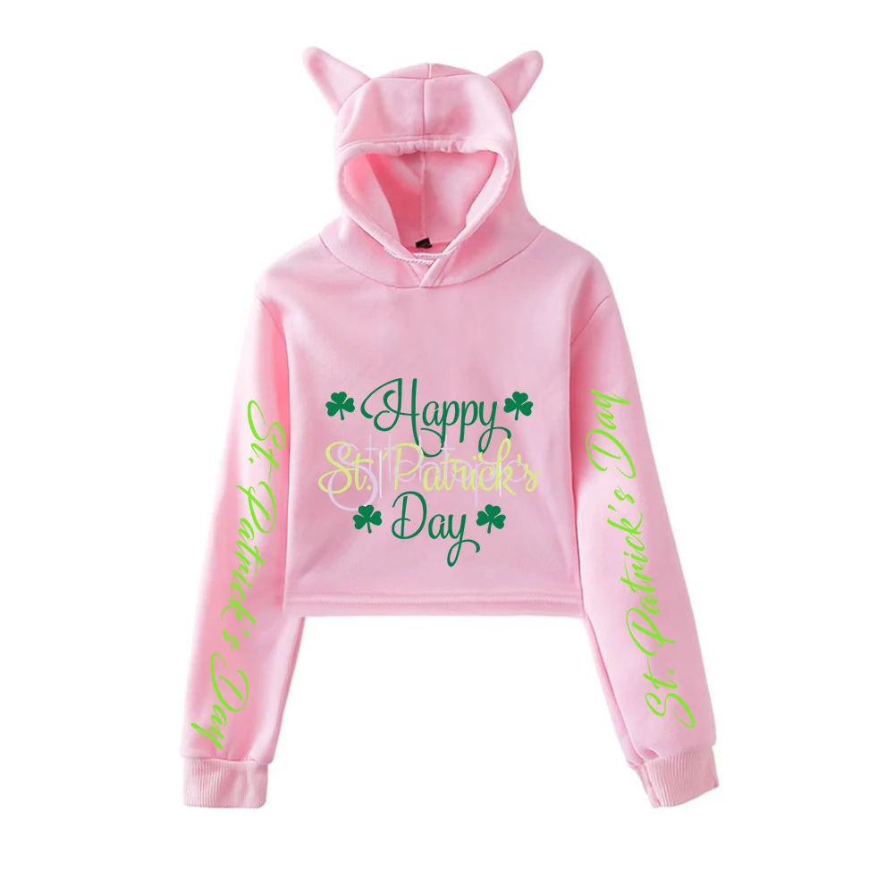 

Saint Patrick's Day Pullover Cat Cropped Hoodie Female Sweatshirt Crop Top Women's Hoodie Harajuku Streetwear 2021 Funny Clothes