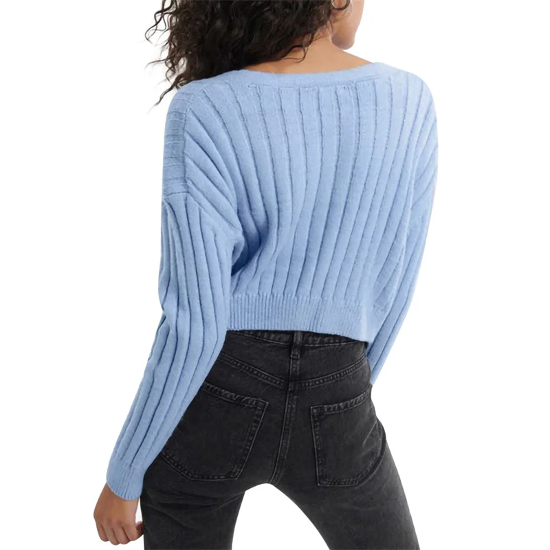 

Women Autumn Ribbed Knit Crop Tops Long Sleeve V-Neck Solid Color Button Down T-Shirts Ladies Loose Fit Tee Shirt