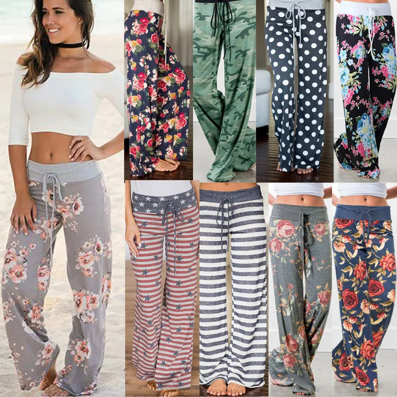 

Весенне-осенние свободные пляжные женские брюки Leosoxs, модные широкие женские длинные брюки с цветочным принтом и кулиской, спортивные брюки