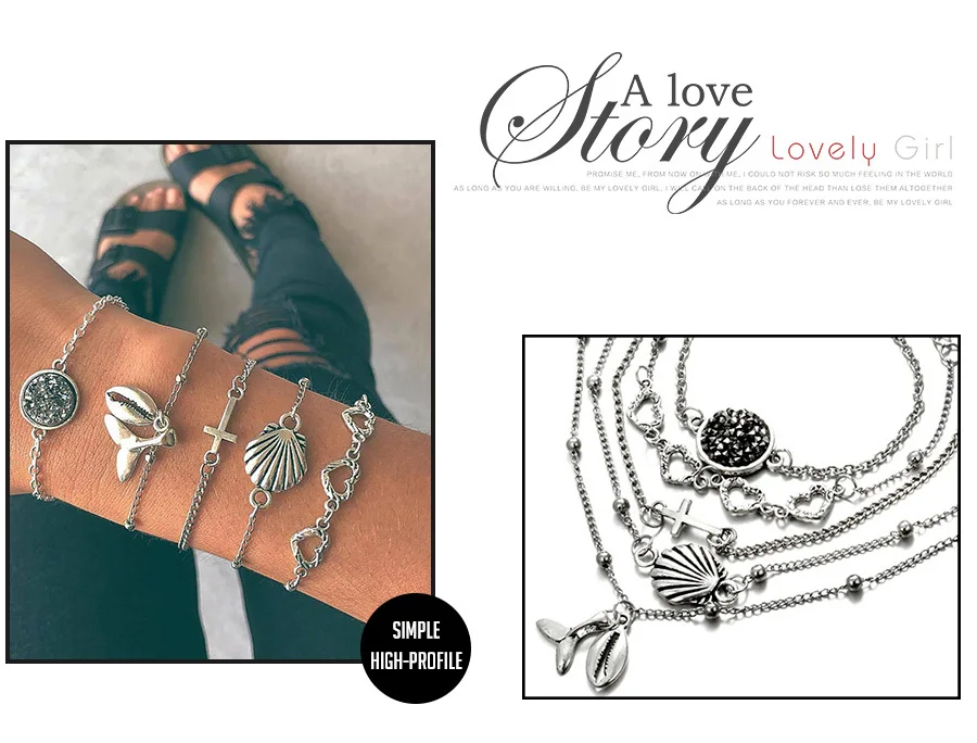 5 шт., Набор браслетов в стиле бохо, винтажные любовные сердца, цепь, друза, смола, раковина, крест, серебро, состояние, мужские, женские браслеты, браслеты для мужчин, ювелирное изделие