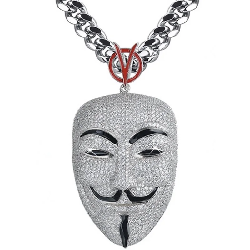 

Новинка, кулон в виде маски, в стиле хип-хоп, ювелирное изделие, V для Vendetta, модное колье из кубического камня для мужчин и женщин, подарки на Х...