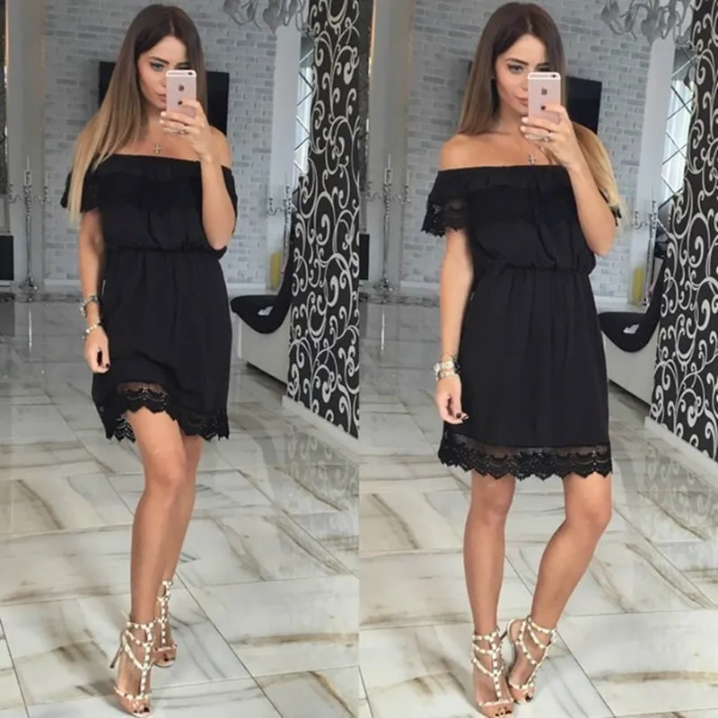 

Summer Sexy Off Shoulder Backless Woman's Dress Casual Lace Patchwork Solid Women's Dresses Vintage Slash Neck Party Mini Dress