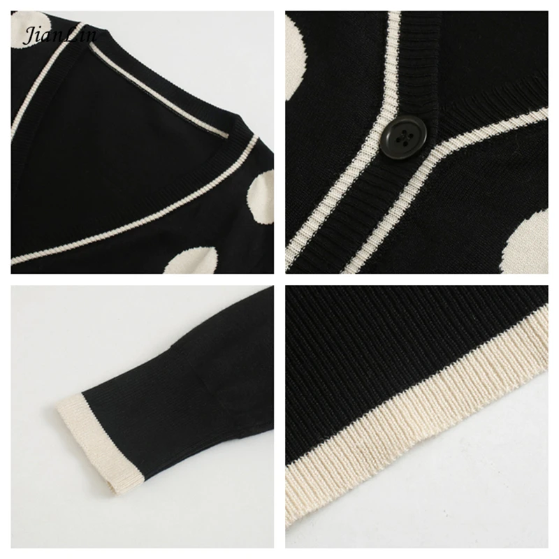 

JIANLIN Autumn And Winter 2021 New Elegant V-Neck Knitted Top Women's Retro Commuter Coat Dot Long Sleeve Cardigan Soft Sweater