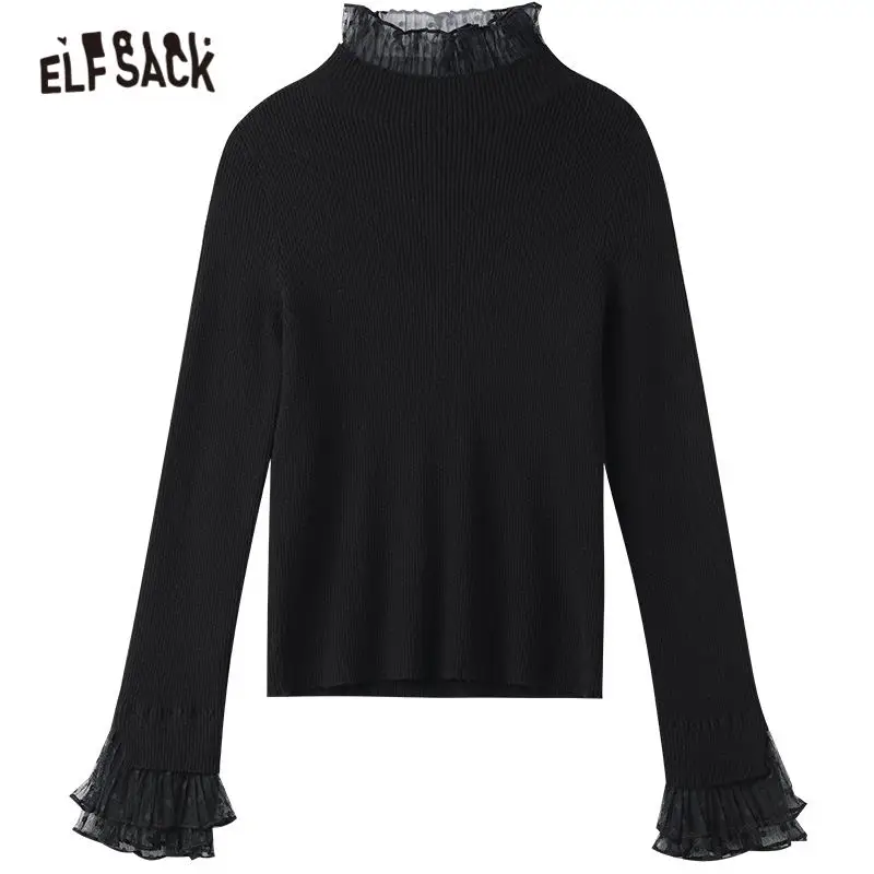 

ELFSACK Solid Pure Contrast Lace Korean Women Knit Pullovers Sweaters,2021 Winter ELF Vintage Casual Female Basic Daily Slim Top