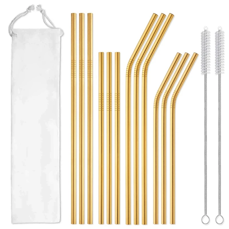 

12Pcs Reusable Stainless Steel Drinking Straws with Cleaning Brushes Storage Bag D2TC