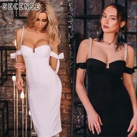 womens midi dresses strapless halter stretch dress off shoulder pearl chain bodycon sexy bandage sexy party evening dress