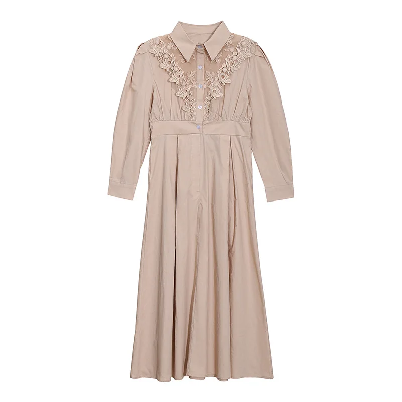 

SuperAen 2021 Осенние Новые французские нежные однотонные кружевные платья до середины икры с высокой талией и отложным воротником трапециевидн...