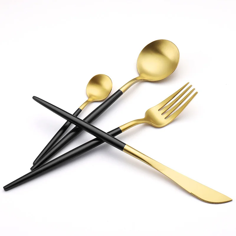 

304 Stainless Steel Portuguese Cutlery Knife Fork And Spoon Set Nordic Western Black Gold Steak Knife Fork And Spoon Set