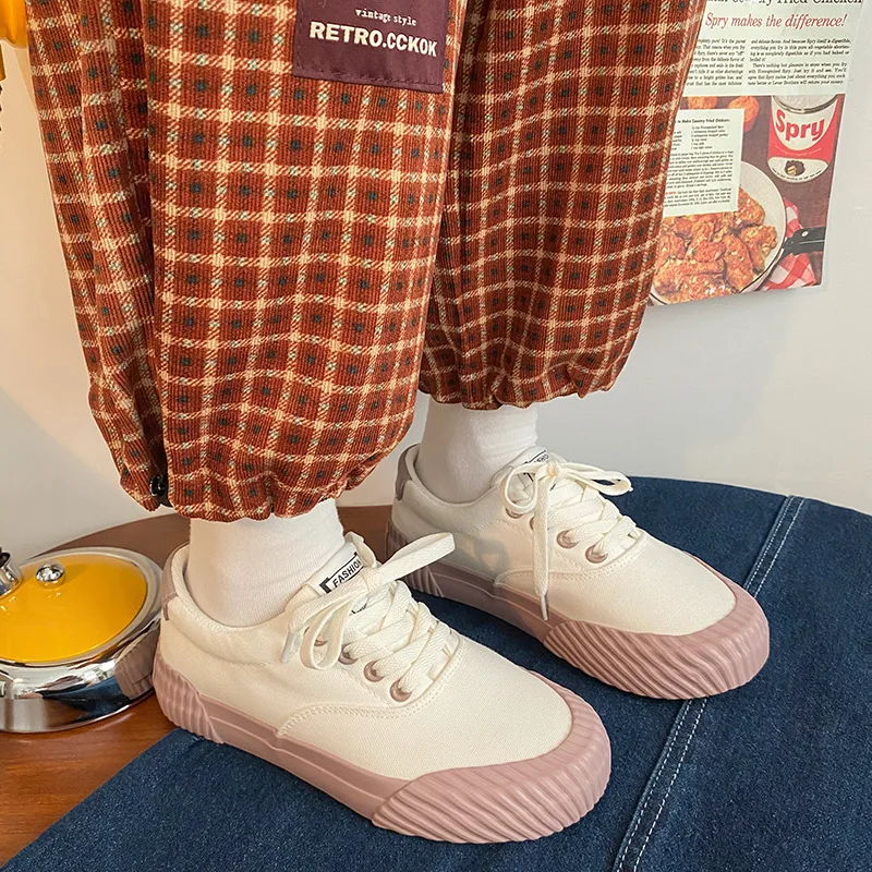 New Comfortable Ladies Casual Shoes Canvas Shoes Wavy Line Retro White Shoes Low Top Milk Brown Women's Sneakers 24-35