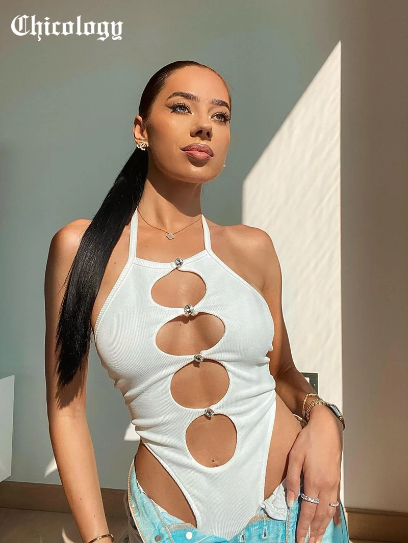 

Chicology 2021 Women Fall Sleeveless Hollow Out Sexy Irregular Square Neck Lace Up Fashion Casual Streetwear Casual Babysuits
