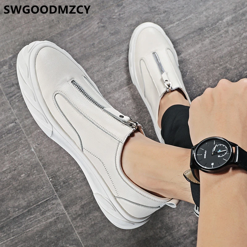 

Mens Loafers Shoes Luxury White Leather Sneakers Casual Shoes Men Leather ZIP Fashion Sneakers Genuine Leather Men Shoes Tenis