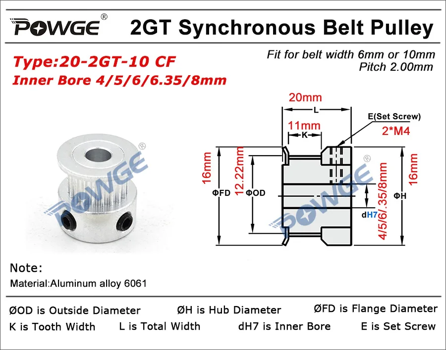 

POWGE 20 Teeth 2GT Timing Synchronous Pulley Bore 5/6/6.35/8mm for width 9/10mm 2M GT2 Belt Small Backlash 20T 20Teeth 50pcs