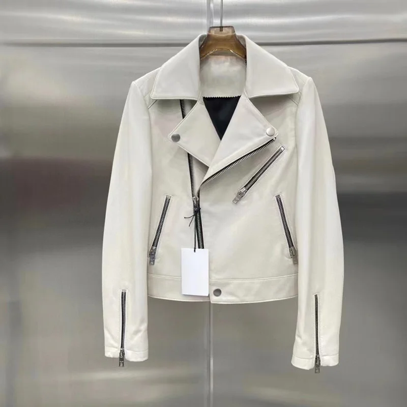 

Genuine Leather Jacket Female New Fashion 2022 Turn-Down Collar Short Length Women Coat Spring Zipper Decoration Slim Style