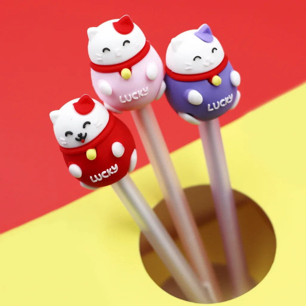 48pcs Lucky Cat Gel Pen, Cute Cartoon Maneki Neko Plastick Black 0.5mm Pens Kawaii School Supplies Wholesale