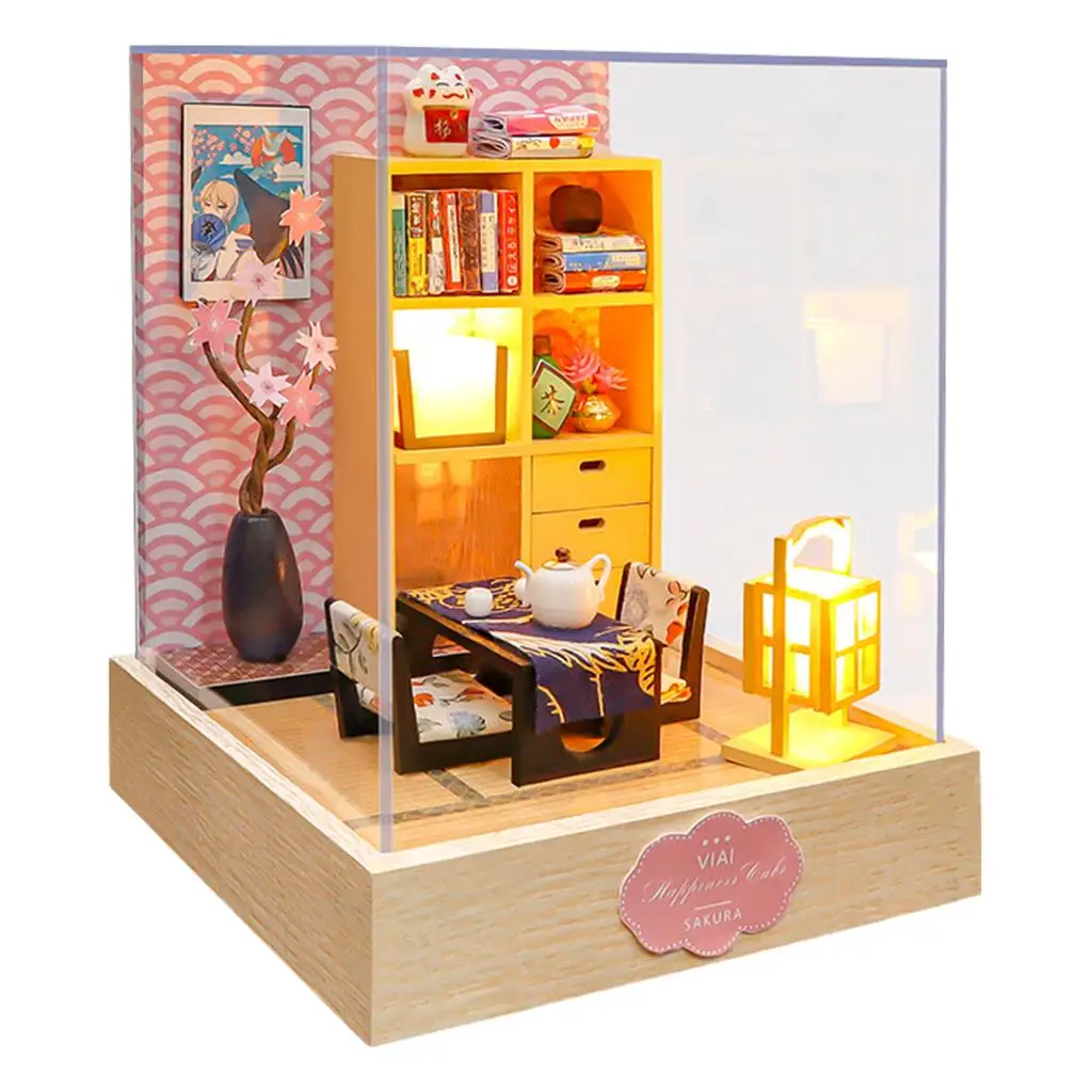 

2x Wooden Miniature Dollhouse Toys LED Miniature House for Kids
