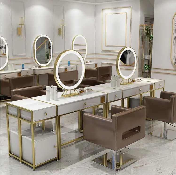 

Marble hairdressing barber shop, mirror table, luxury salon, hair cutting, perm and dye, oval single-sided double-sided mirror w