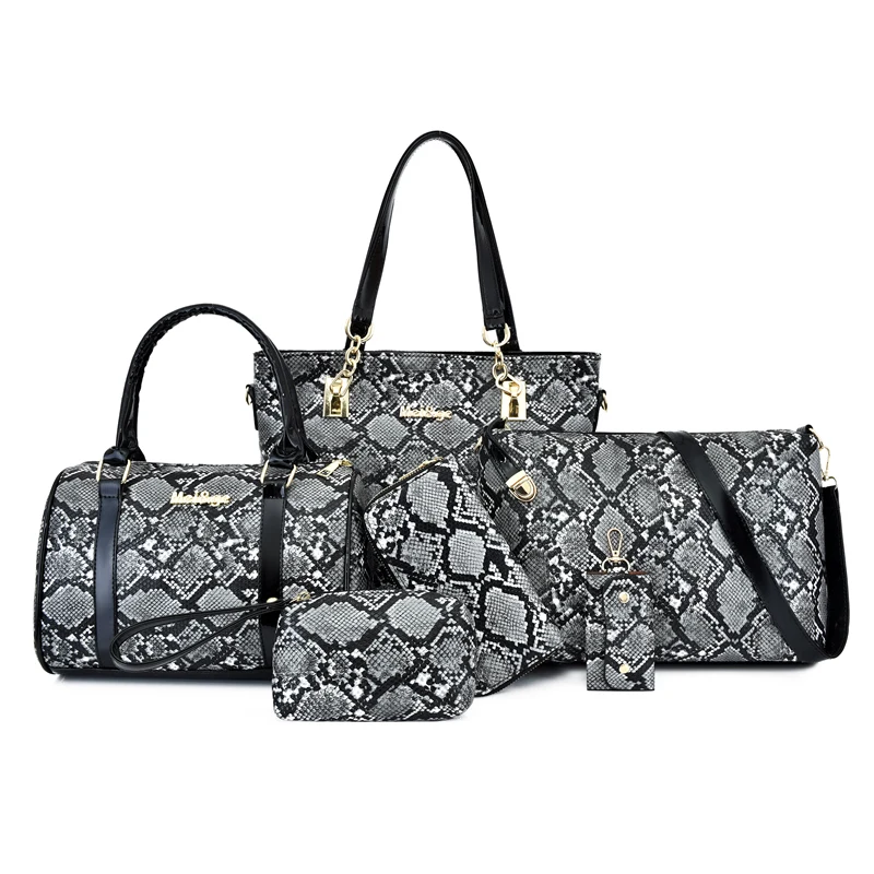 

High Quality Women Pu Leather Handbags Large Capacity 6 Pieces Set Serpentine Shoulder Tote Bags Casual Female Messenger Bags