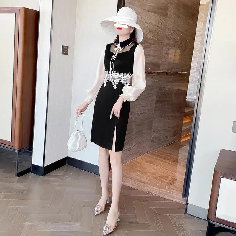 

Women's Spring Autumn Dress Women's Elegant Turn-Down Collar Long Sleeve Button Bow Lace Patchwork Dress AA3140