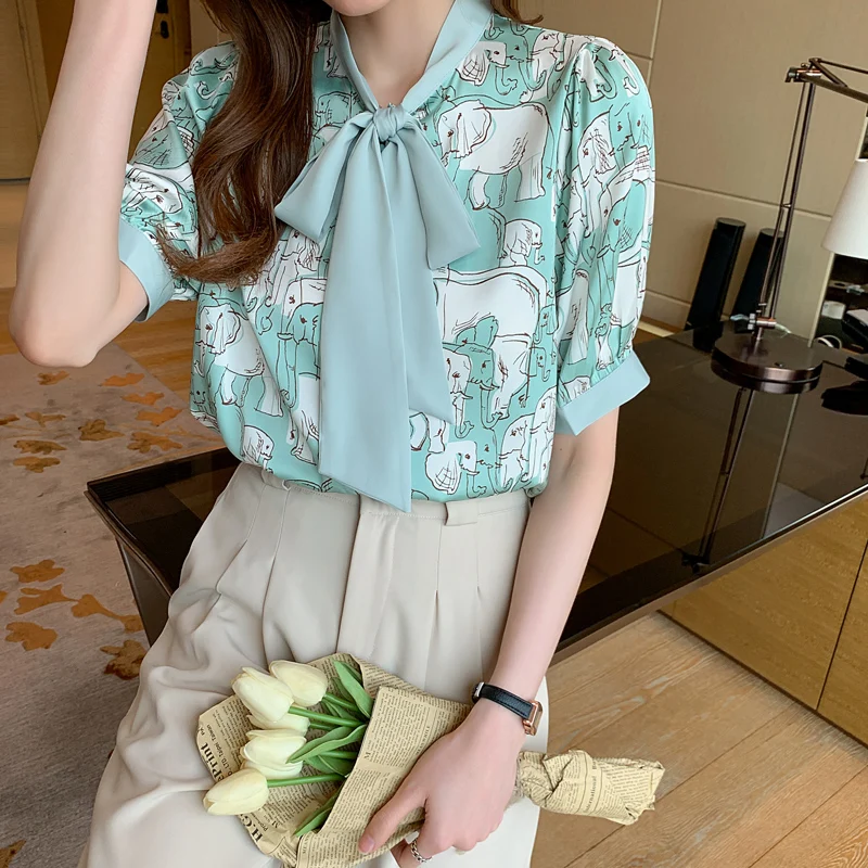 

Fashion Womens Tops Floral Shirt V-Neck Summer Women's Clothing Puff-sleeved Woman Chiffon Shirts OL Bow Printing Female Blouses