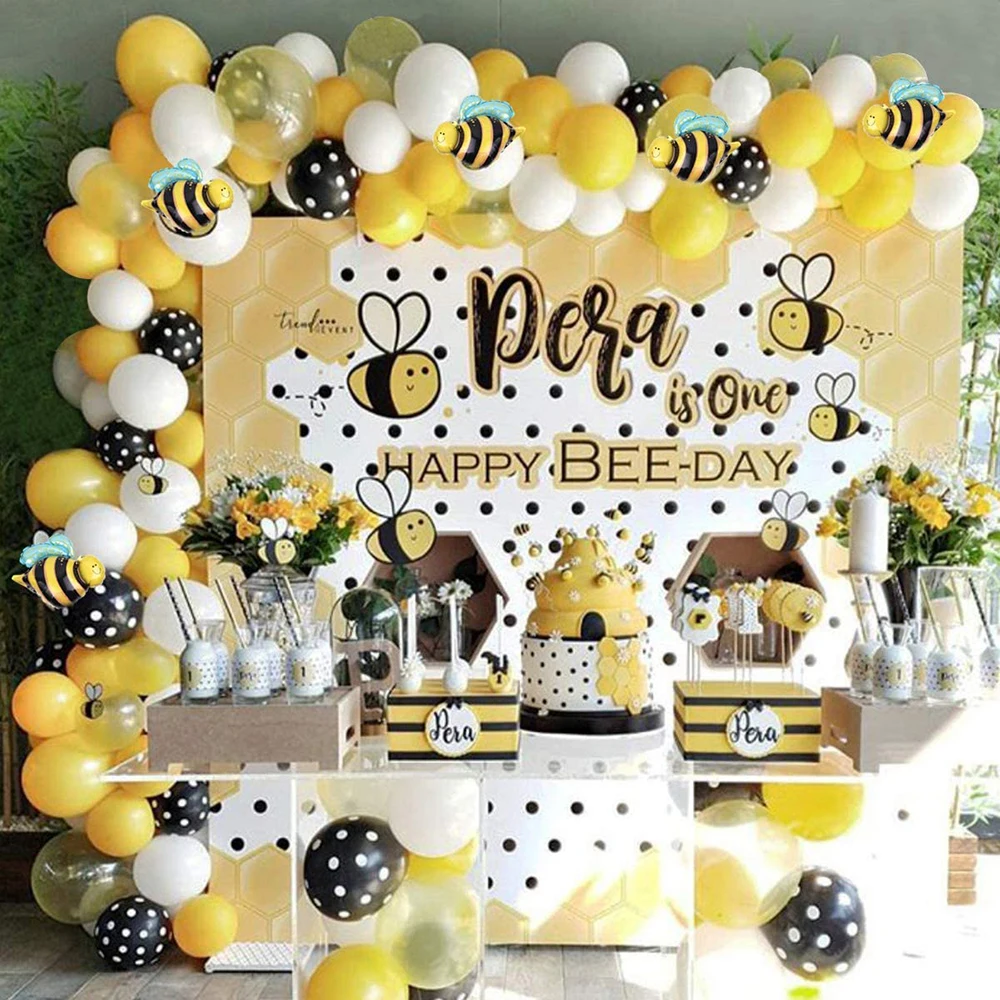 Kit de arco de guirnalda de globos de abeja, 123 unids/lote de lunares amarillos, blancos y negros, para Celebraci&oacute;n de beb&eacute;, reconocimiento de g&eacute;nero, cumplea&ntilde;os, fiesta del D&iacute;a de las abejas-3
