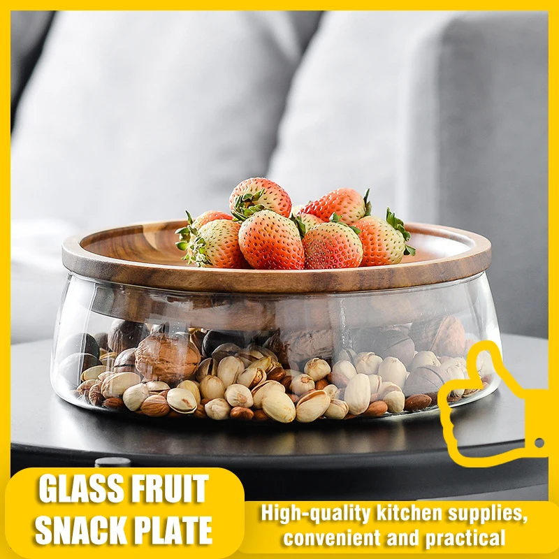 

Креативный домашний стеклянный поднос для фруктов, поднос для хранения сладостей и закусок, деревянная крышка, домашний стол для гостиной, ...