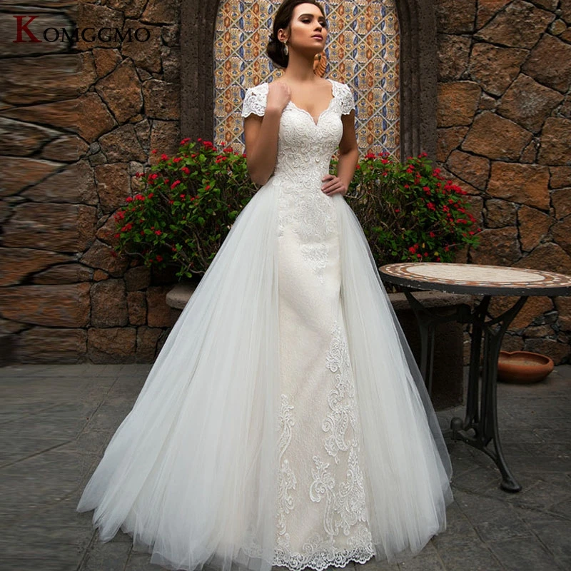 

Elegant Sweetheart Neck Detachable Train Mermaid Wedding Dress Luxury Cap Sleeve Embroidery Appliques Tulle Bridal Gown 2021