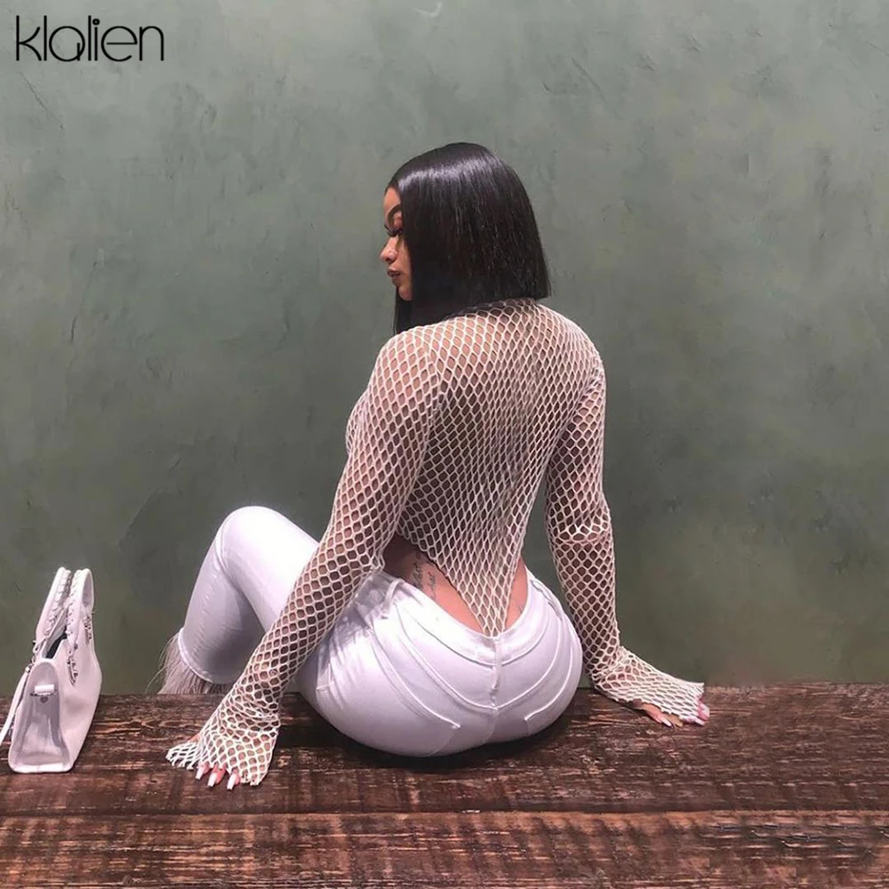 KLALIEN Сетчатое лоскутное сексуальное боди с круглым вырезом Осень-зима 2019 женские