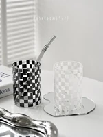 french classic black and white checkerboard lattice glass water cup heat resistant retro coffee cup denim cup