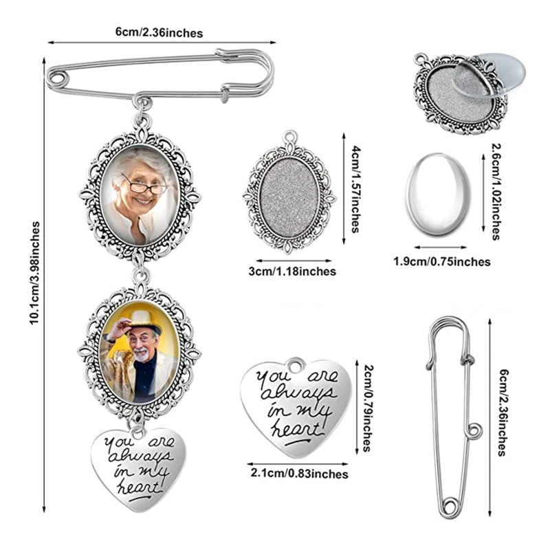 Wedding Boutonniere Bouquet Photo Memorial Charm Pin Round Mother of The Bride Gift for Groom Bride with Heart Pendant images - 6