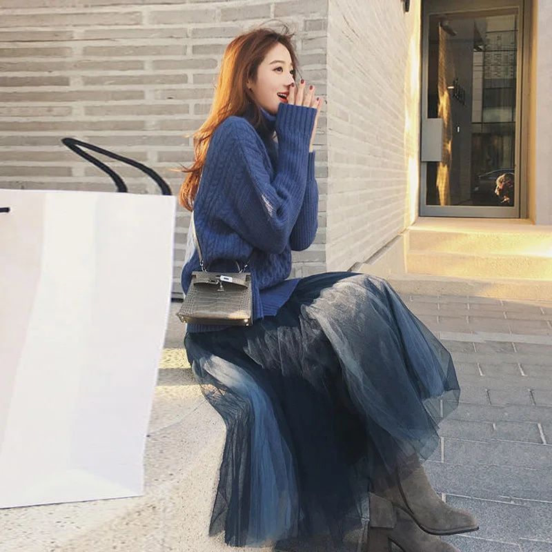 Женский комплект осень зима размера плюс 5XL юбка костюм водолазка вязаный свитер