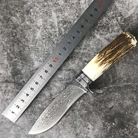hysenss collection level outdoor camping survival tactical knife hand forged damascus blade natural antler handle peeling tool