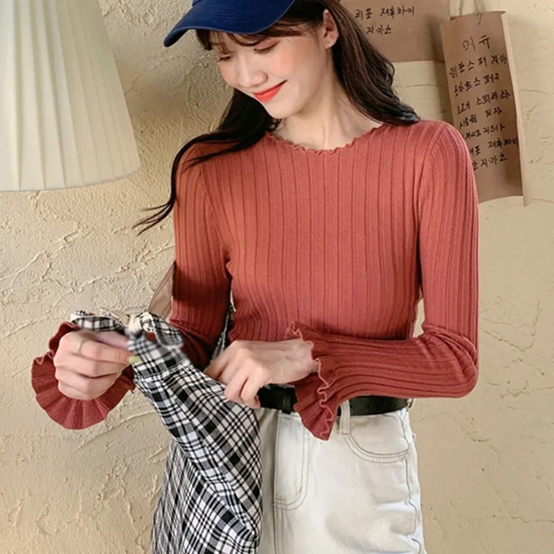 

Футболка женская однотонная с круглым вырезом, Модная приталенная Повседневная Базовая Трикотажная рубашка с оборками и длинным рукавом