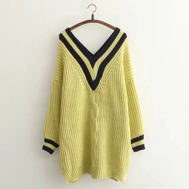 

Green White Oversize Long Sweater Preppy V Neck Jumper Girl Thick Long Sleeve Knitwear Loose Lady Winter Warm Pullover Top