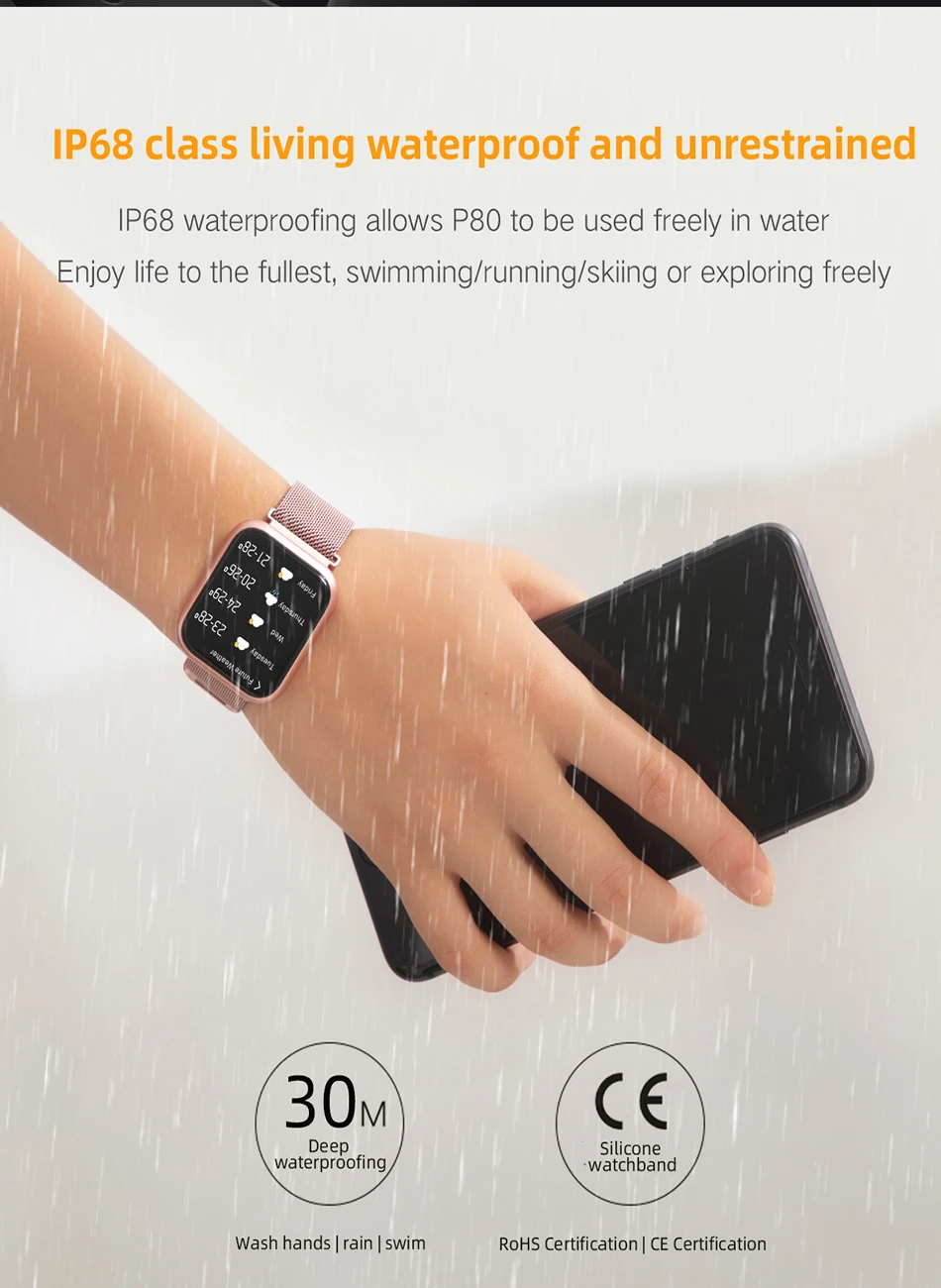 P80 Смарт-часы с сенсорным экраном IP68 Водонепроницаемые Смарт-часы для мужчин монитор сердечного ритма фитнес-браслет для женщин для Iphone PK Q9 P70
