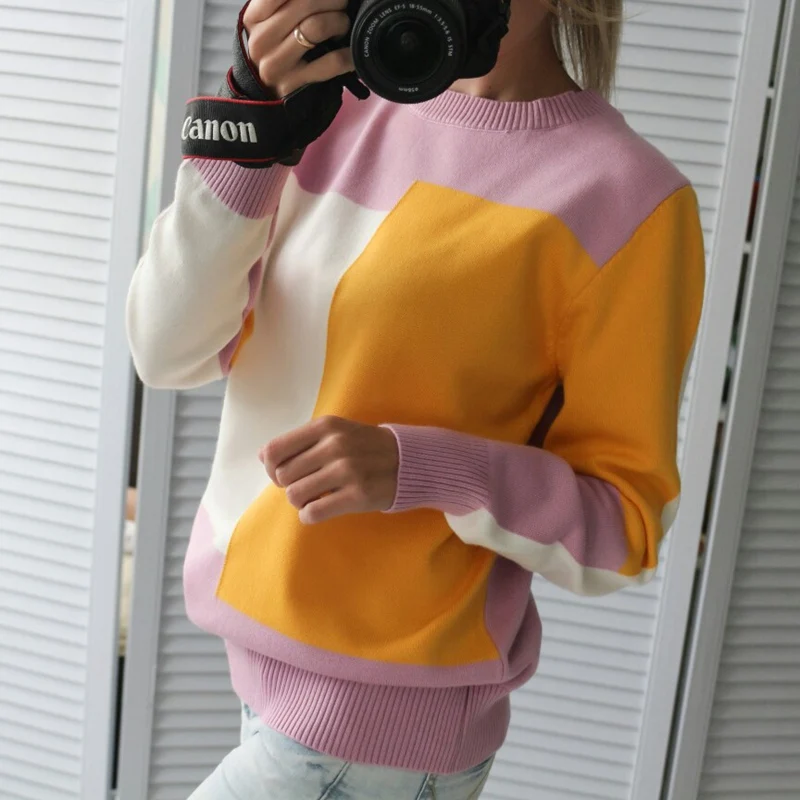 

New Multicolor Autumn Winter Women Sweater O-Neck Knitted Jumper Top Loose Casual Warm Femme Sweater