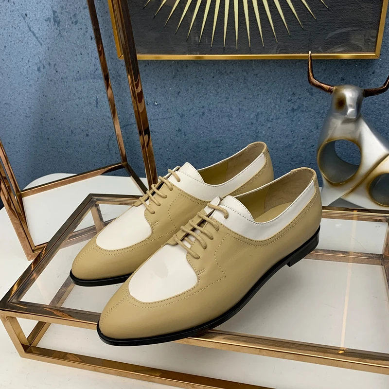 

Mixed Color Lace Up Women Loafers Pointed Toe Low Heels Office Women Casual Shoes genuine Leather Women Party Dress Shoes 2021