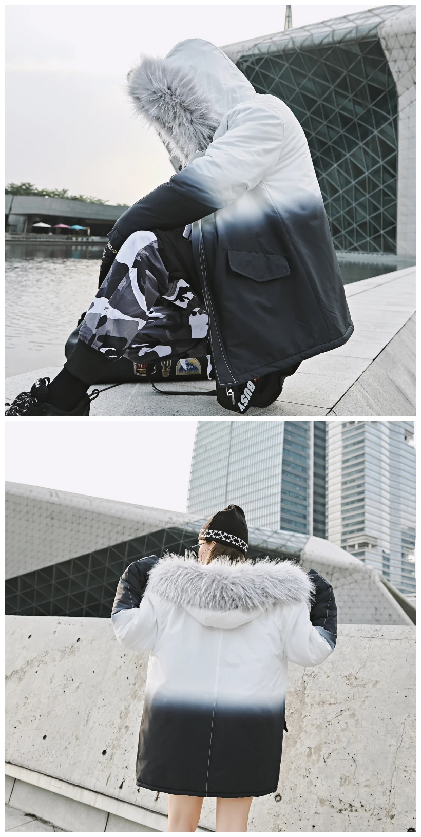 2021 Winter Warm Gradient Parkas Men Women Streetwear Thick Jackets Coat Fashion Harajuku Hoody Fur Collar Coats