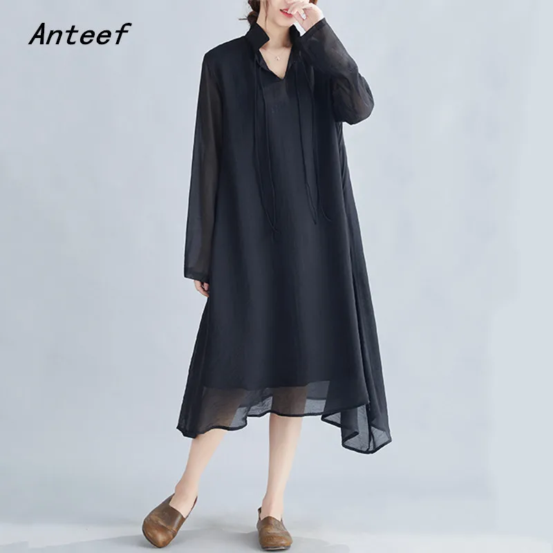 

Женское винтажное платье с длинным рукавом Anteef, повседневное свободное платье большого размера на весну, лето и осень, элегантная одежда 2022
