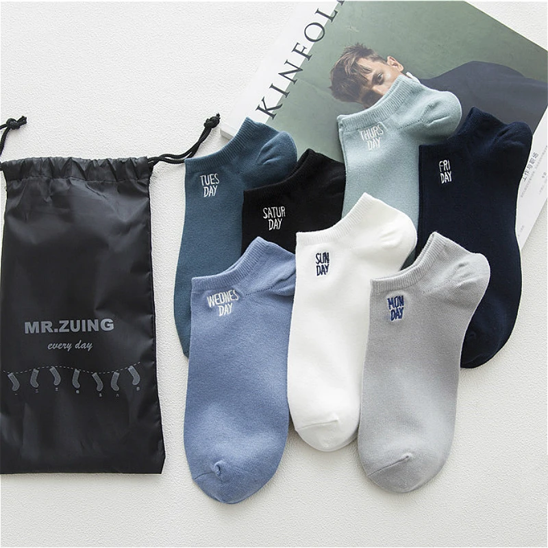 7pairs New Week English 24cm Embroidery Cotton Men Stealth Comfortable High Quality Boat Ankle Socks Spring Summer