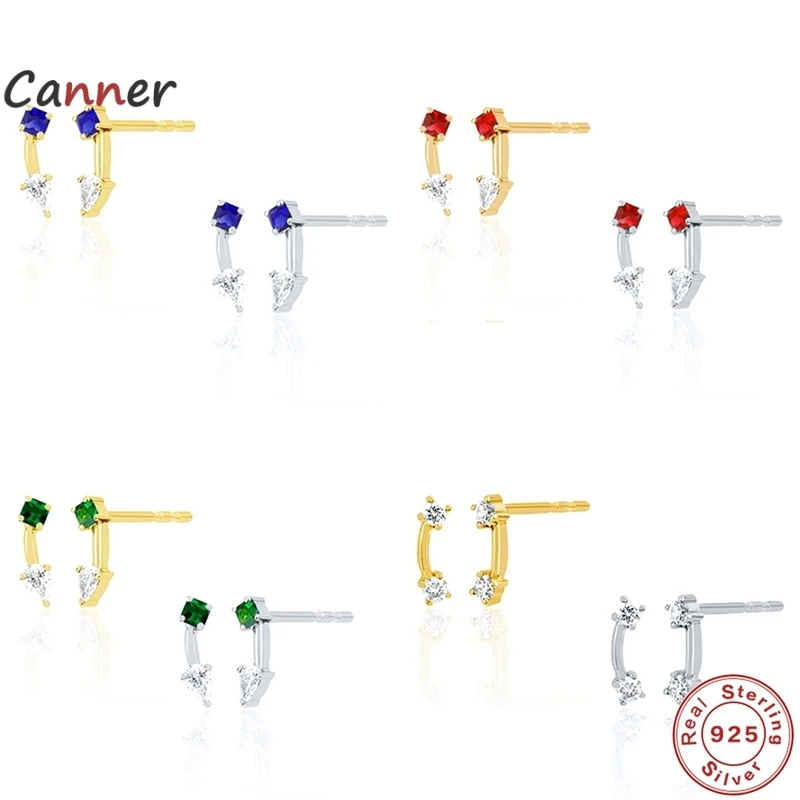 

Canner Double Zircon Stud Earrings for Women 925 Sterling Silver Mini CZ Crystal Earrings Tiny Earings Gift pendientes de mujer
