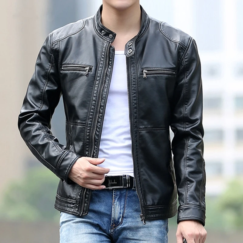 

Мужская кожаная куртка PEVSN, облегающая Короткая кожаная куртка с воротником-стойкой, повседневная мужская мотоциклетная кожаная куртка, ве...