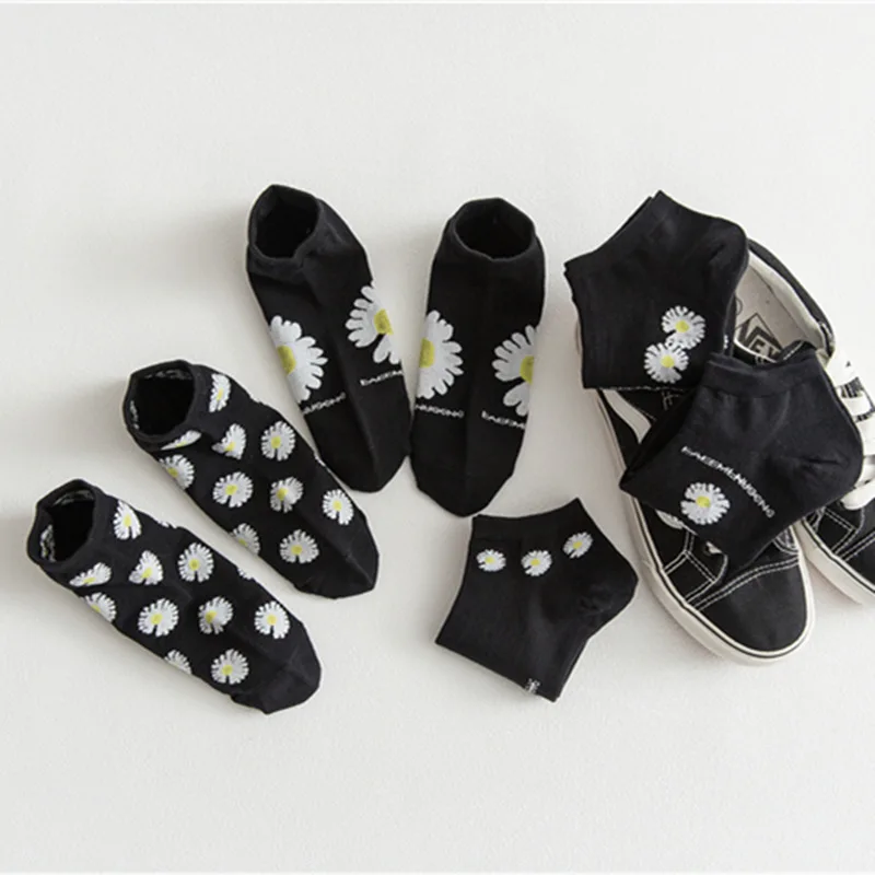 

5 Pairs Set Original Solid Daisy Patterned Cotton Women Socks Summer Breathable Casual Female Ankle Socks Couples Joker Sox