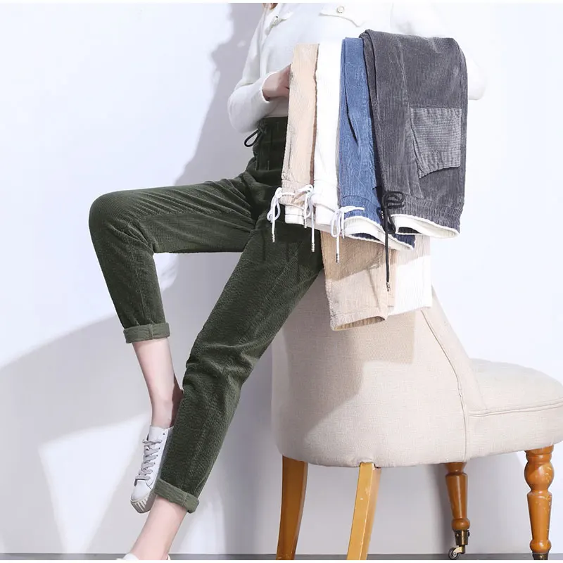 Plus Size Drawing Elastic Waist Pocket Dark Green Corduroy Loose Harem Pants 3XL 4XL Autumn Carrot Pant Women Trousers | Женская одежда