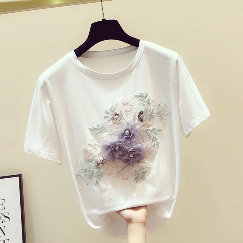 Женская свободная футболка с коротким рукавом кружевная и вышивкой из бисера