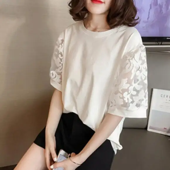 

New Women's Short-Sleeved Round Neck Solid Color Lace T-shirt Casual Loose Tops