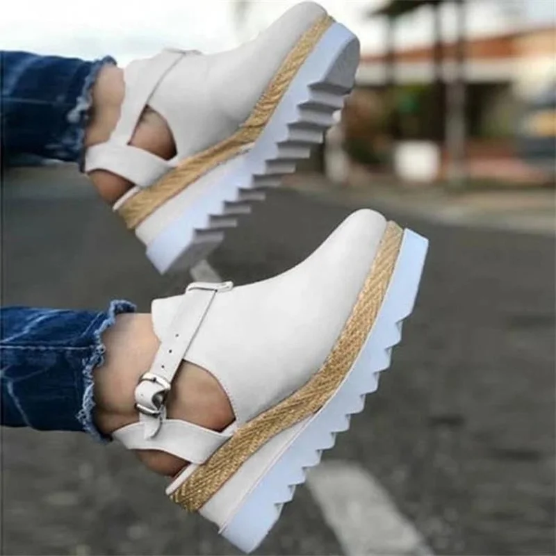 

Women's Sandals Vintage Wedge Shoes Woman Buckle Strap Straw Thick Bottom Flats Platform Sandals Flock Female Shoes Summer 2021