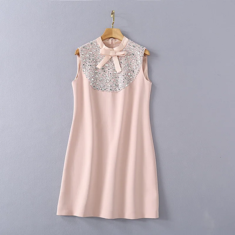 

European and American women's clothing new 2021 spring Sleeveless collar bow stud bead Fashion dress