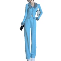 2 piece set women knitted tracksuits new zipper cardigan sweaters wide leg pants two pieces sets clothing