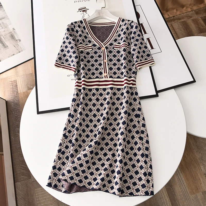 

High Quality 2021 Summer Korean Elegant Vintage Plaid Knit Sweater Dress Women V-neck Button Slim Party Dress Casual Vestidos