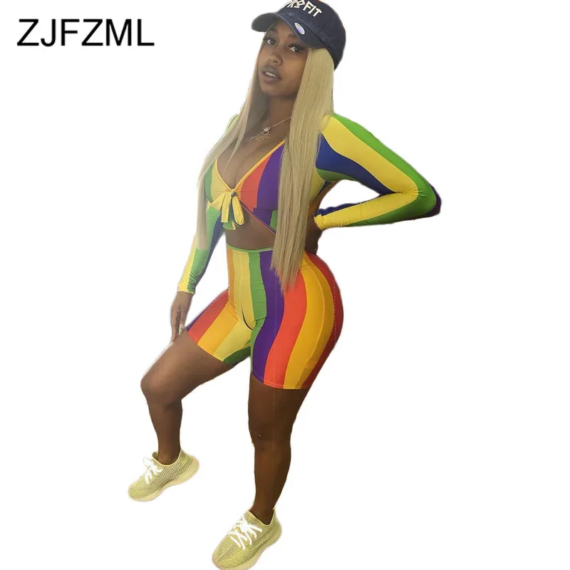 Радужный Полосатый Сексуальный спортивный костюм из 2 предметов женский